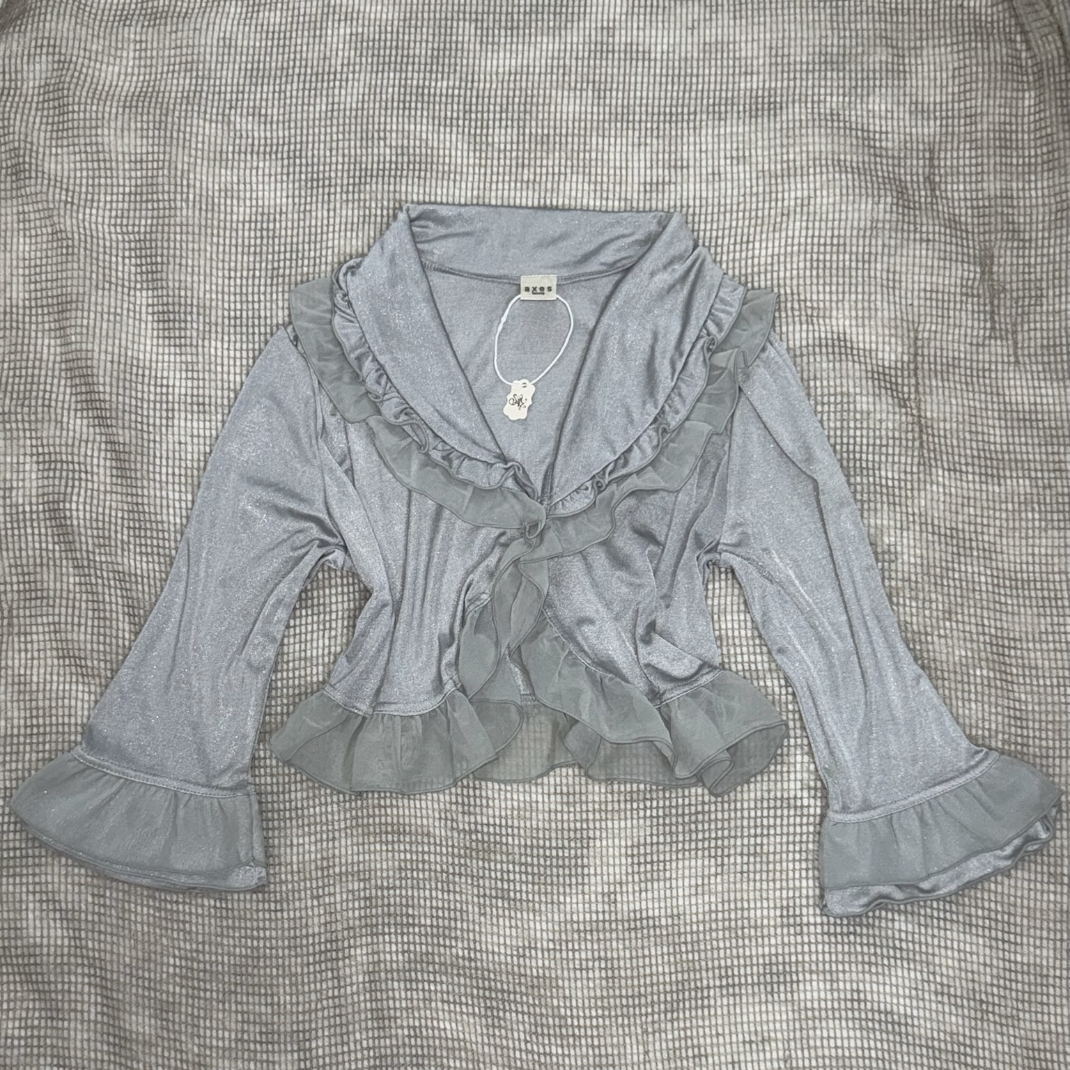 Axes Femme Blue Metallic Flounce Crop Cardigan