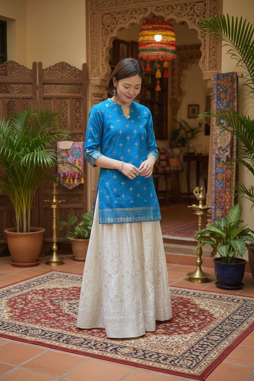 2122 Sky Blue Foil Stamping Kurta