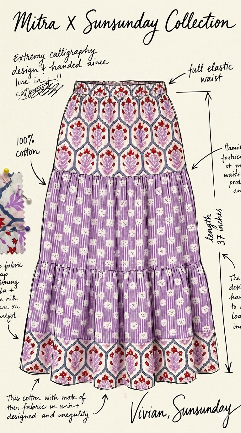 SDD002 Purple Block Print Patch Work 3-Layer Skirt 37"