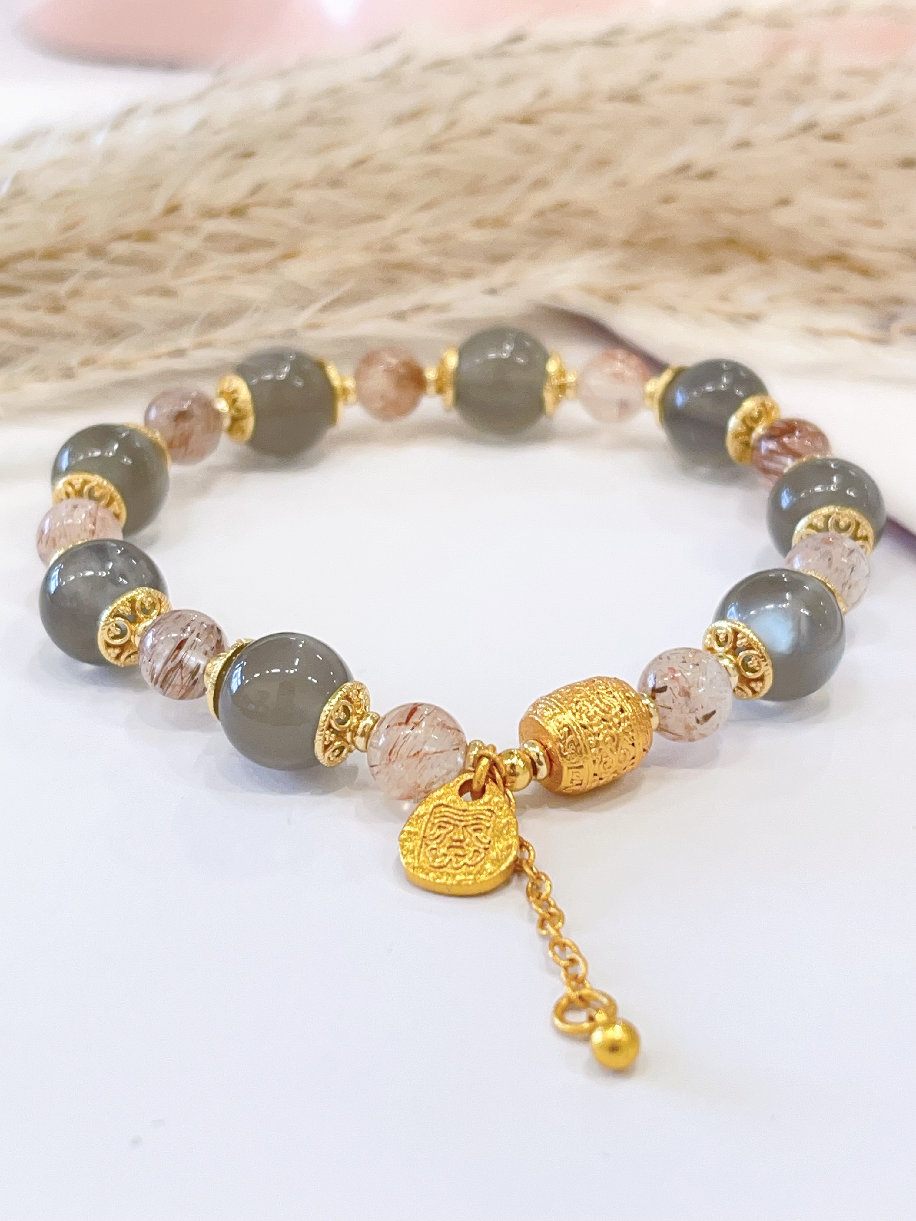 🌙 银月光 × 黑超手串 Silver Moonstone & Black Super Seven