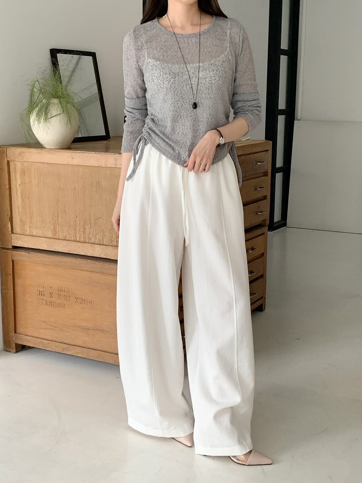 CT21 韓系抽繩鬆緊高腰闊腿褲