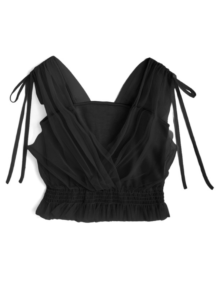 假兩件透視薄紗上衣(JP)[黑色]366122