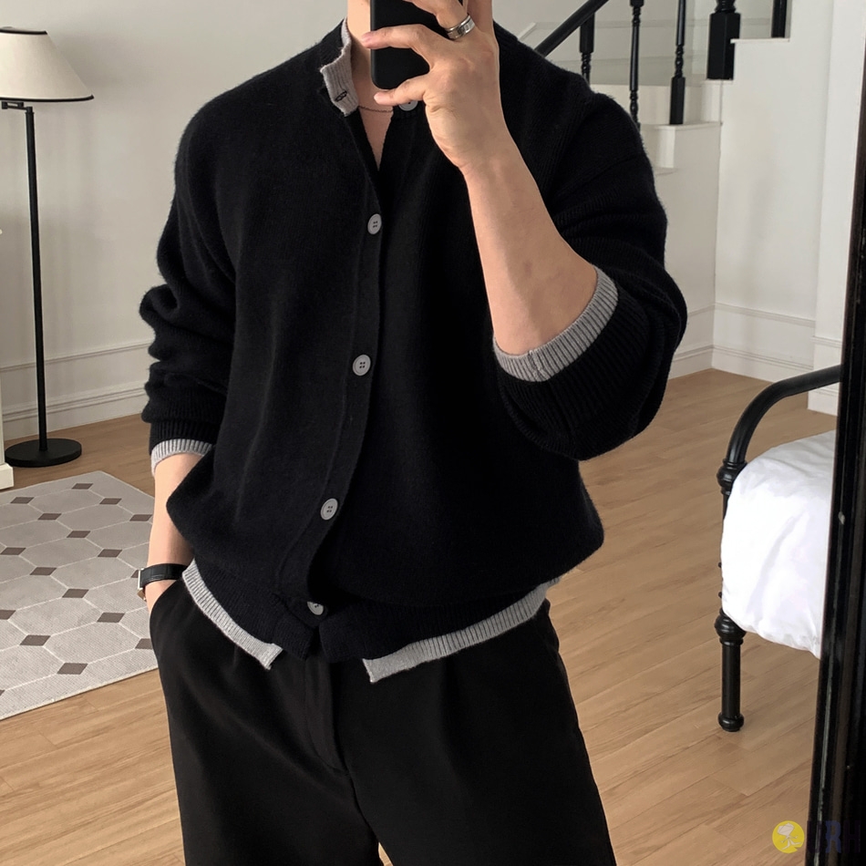 【100%保證韓國直送】柔軟仿羊絨撞色圓領針織開襟衫 👕 [2 color] RL114829