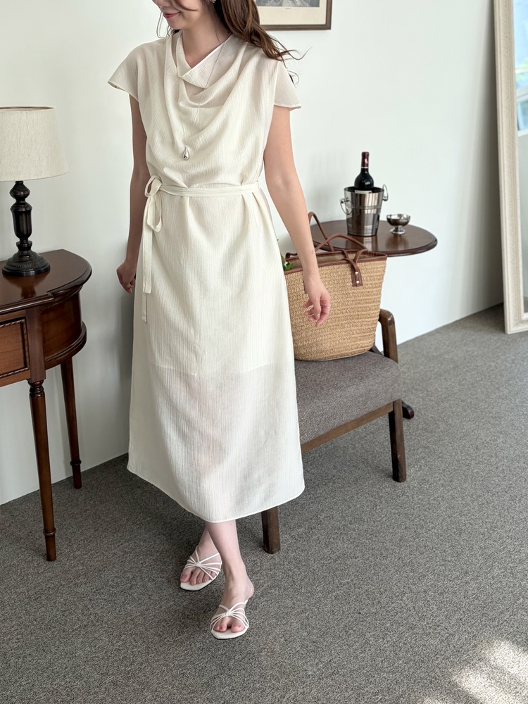 Draped Neck Dress with Inner Slip (Cream)