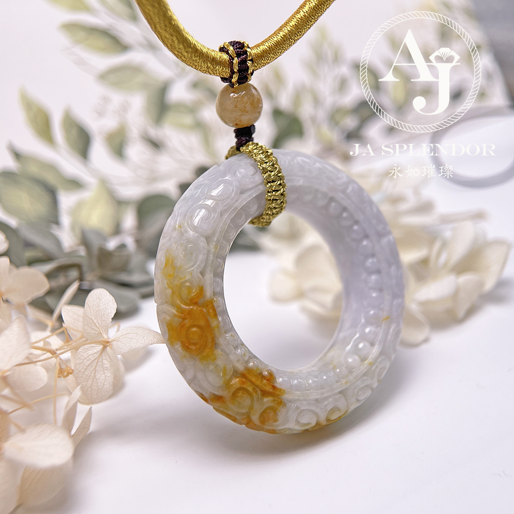 JN-3299 天然翡翠A玉 復古回紋順利招財黃翡精工雕刻糖環