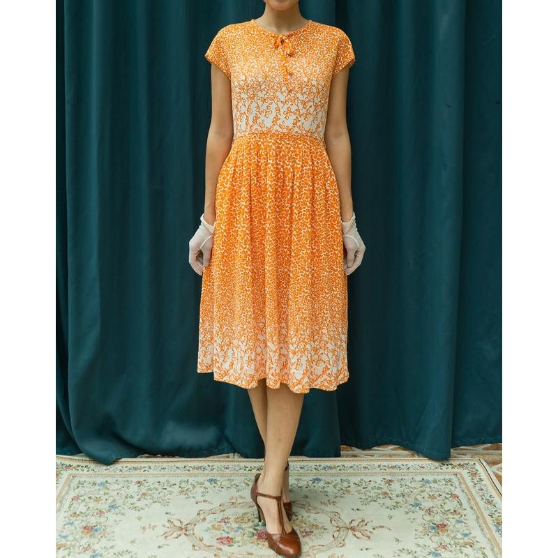 Vintage Tie Collar Orange x White Bottom Floral Foliage Outline Dress Summer Fit and Flare Dress (MT1608-62)