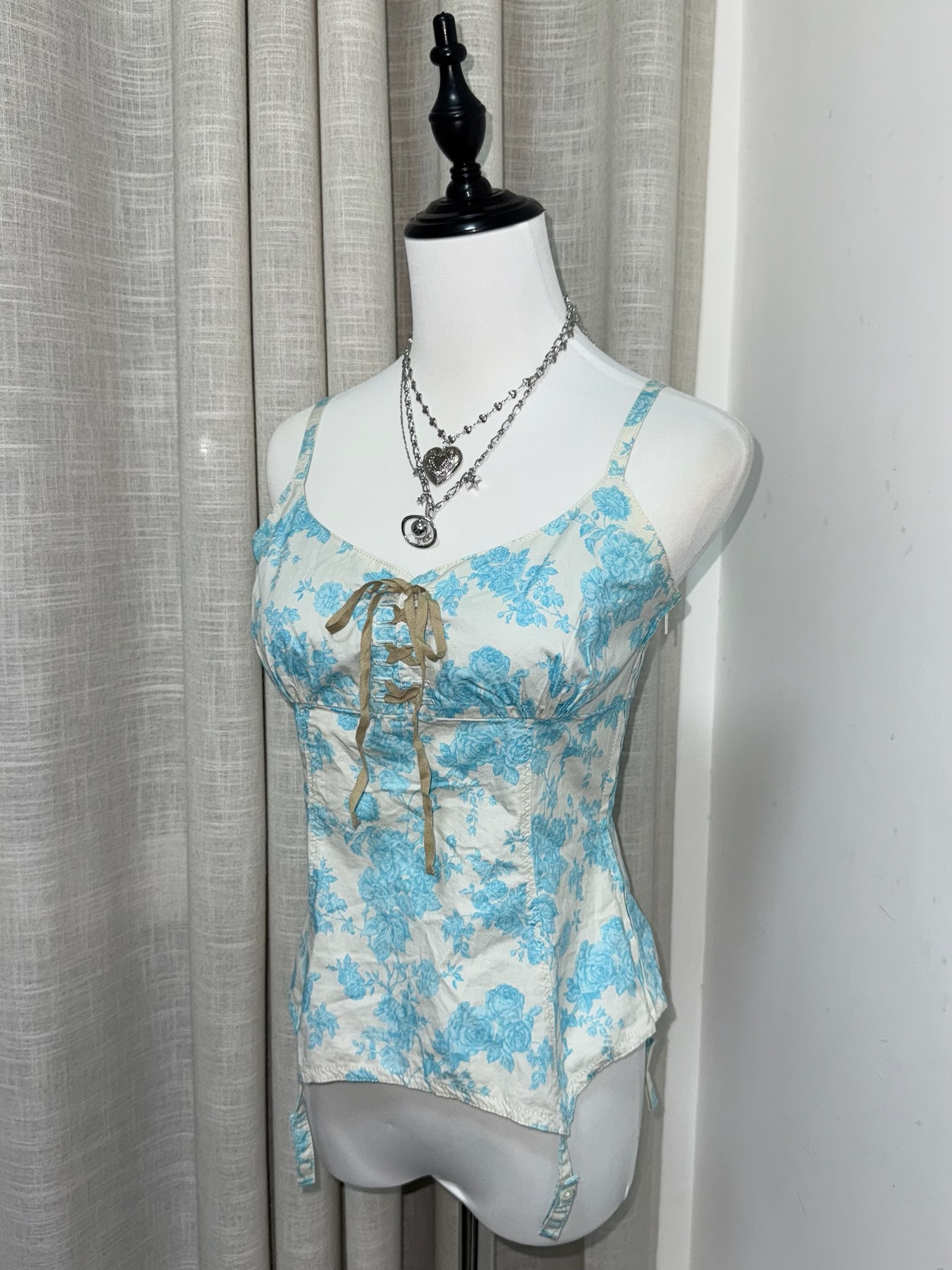 Vintage Rose Print Cami with Front Lace-up Detail and Faux Garter Straps