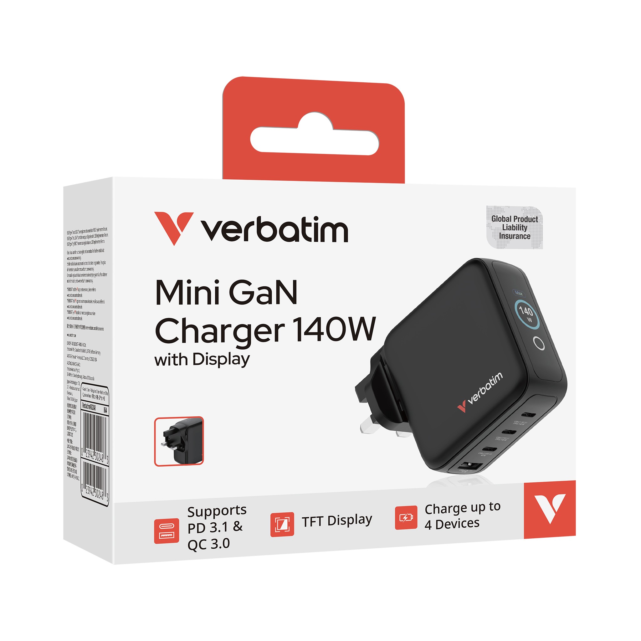 Verbatim #30248 140W迷你GaN帶顯示屏牆式充電器