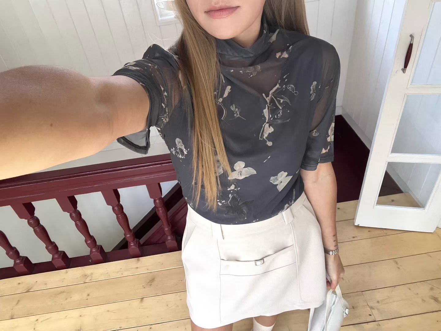 B2 復古印花透紗疊穿 T