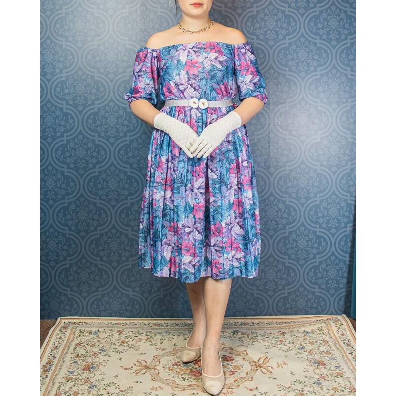 Remade - Made in USA Tropical Violet and Blue Floral Off-shoulder Day Dress (MU104-13)