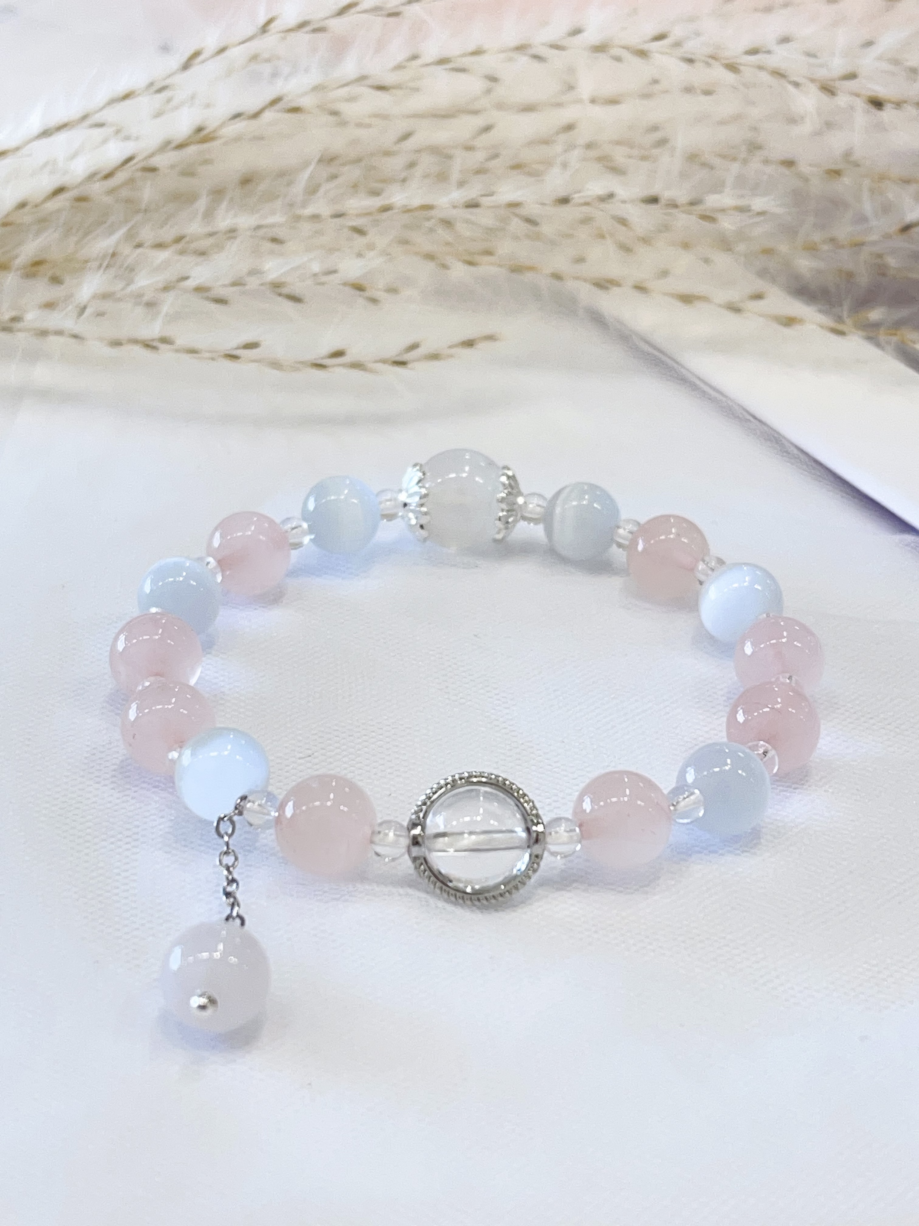 🌙 白月光 × 猫眼石 × 粉水晶 × 白水晶手串 Moonstone, Cat’s Eye Stone, Rose Quartz & Clear Quartz 
