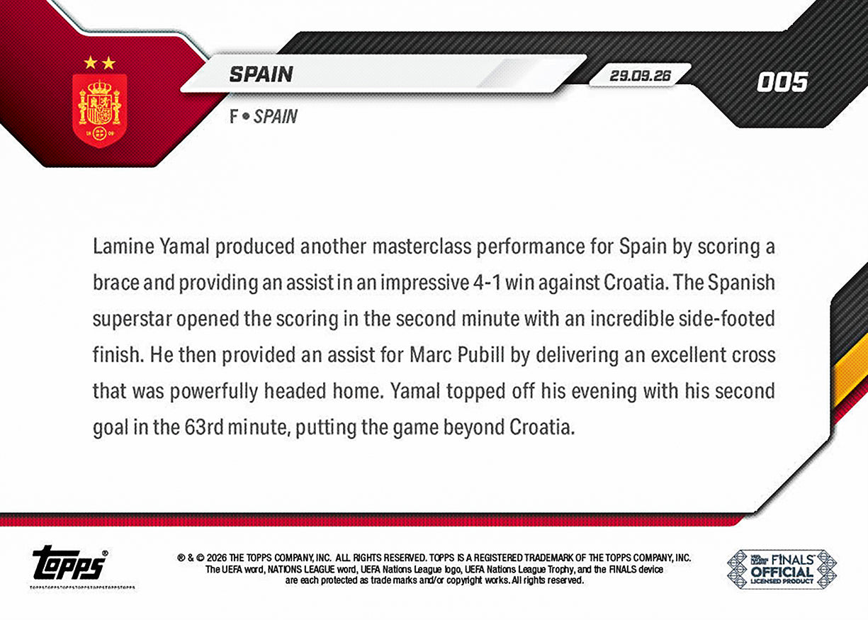 Lamine Yamal - 2026-27 UEFA Nations League Topps NOW® #5 西班牙雙響一助紀念卡【團購】
