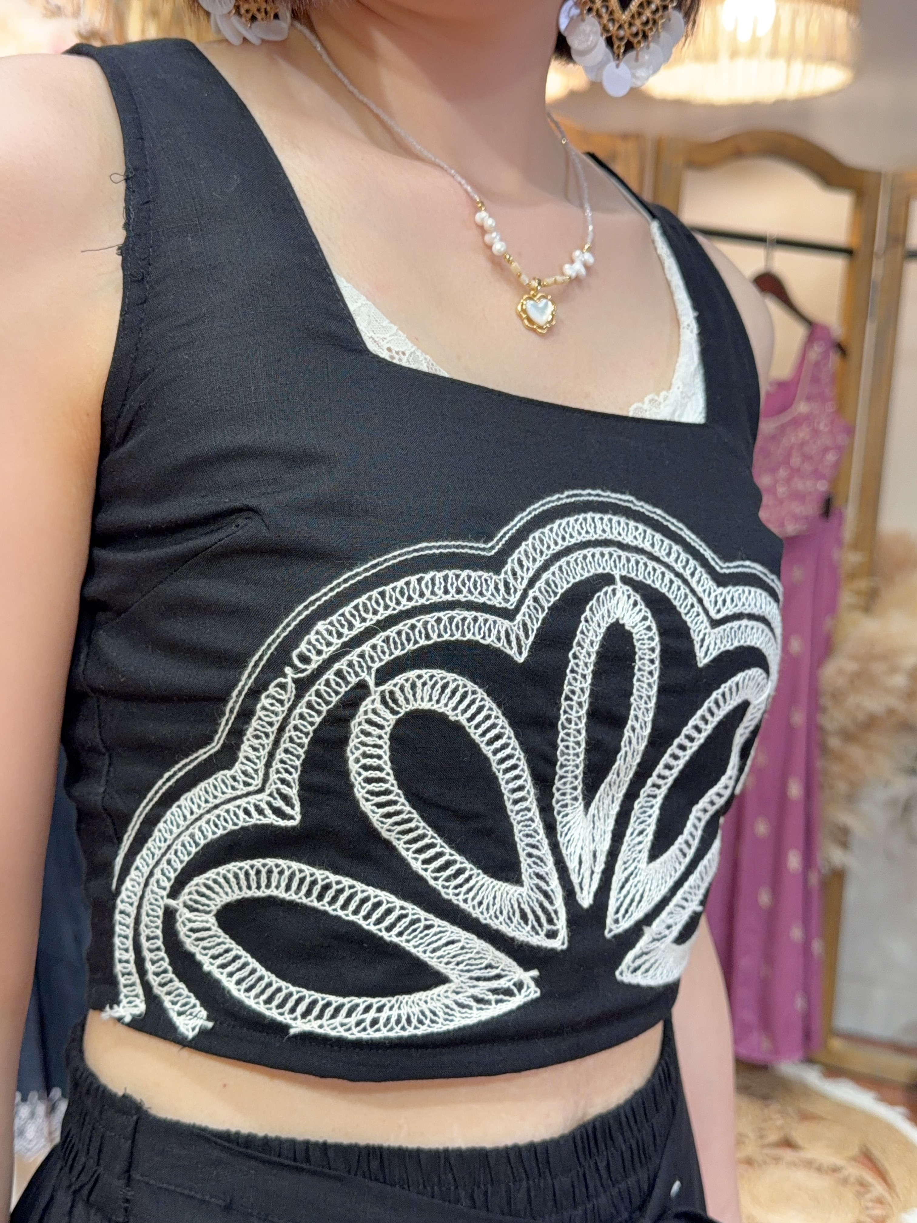 2236 Black with White Emb. Sleeveless Top