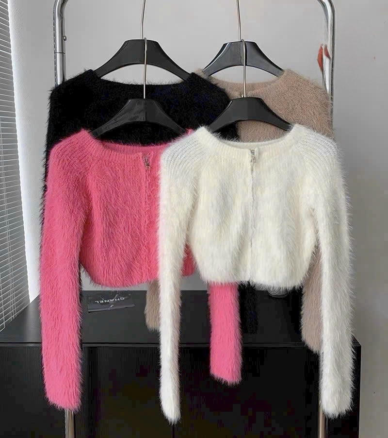 蓬鬆拉鍊開襟衫毛衣