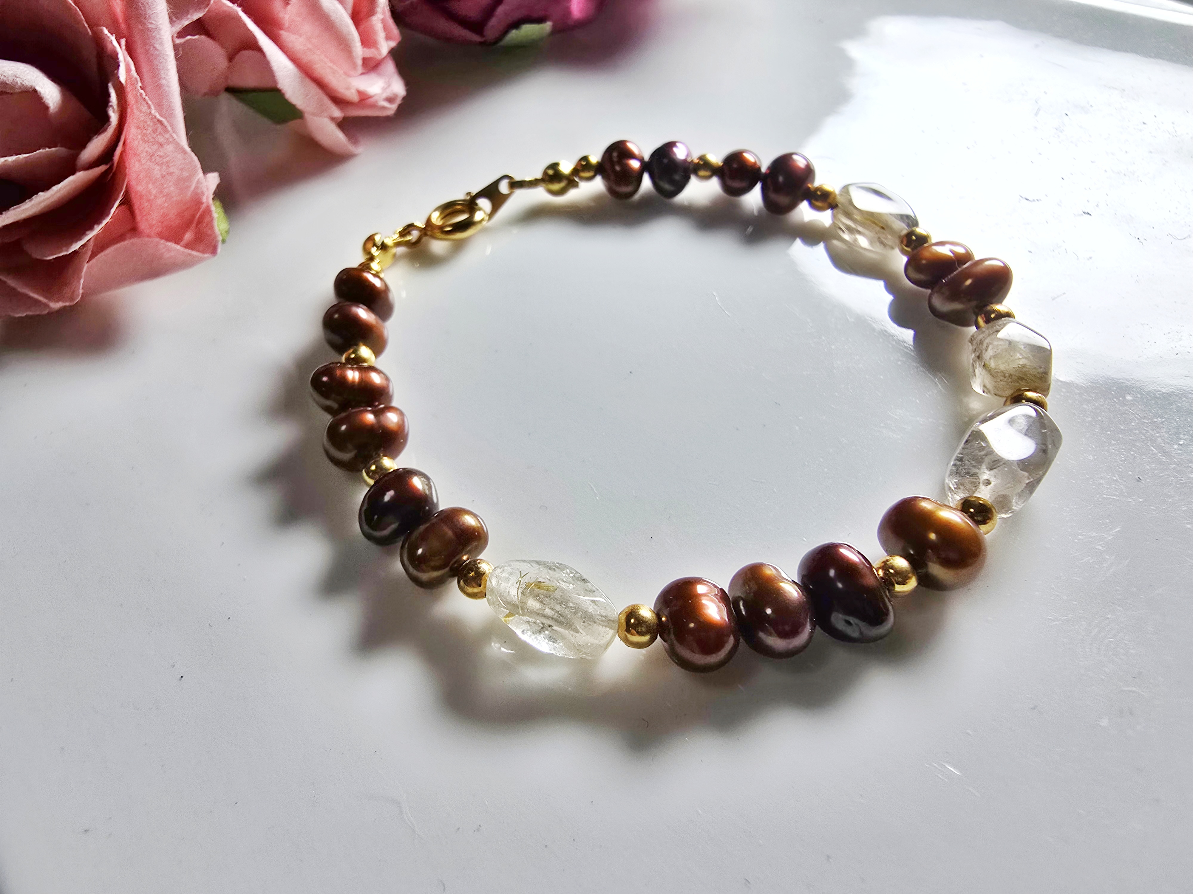 FWP0125-1  天然珍珠金髮晶復古手鏈