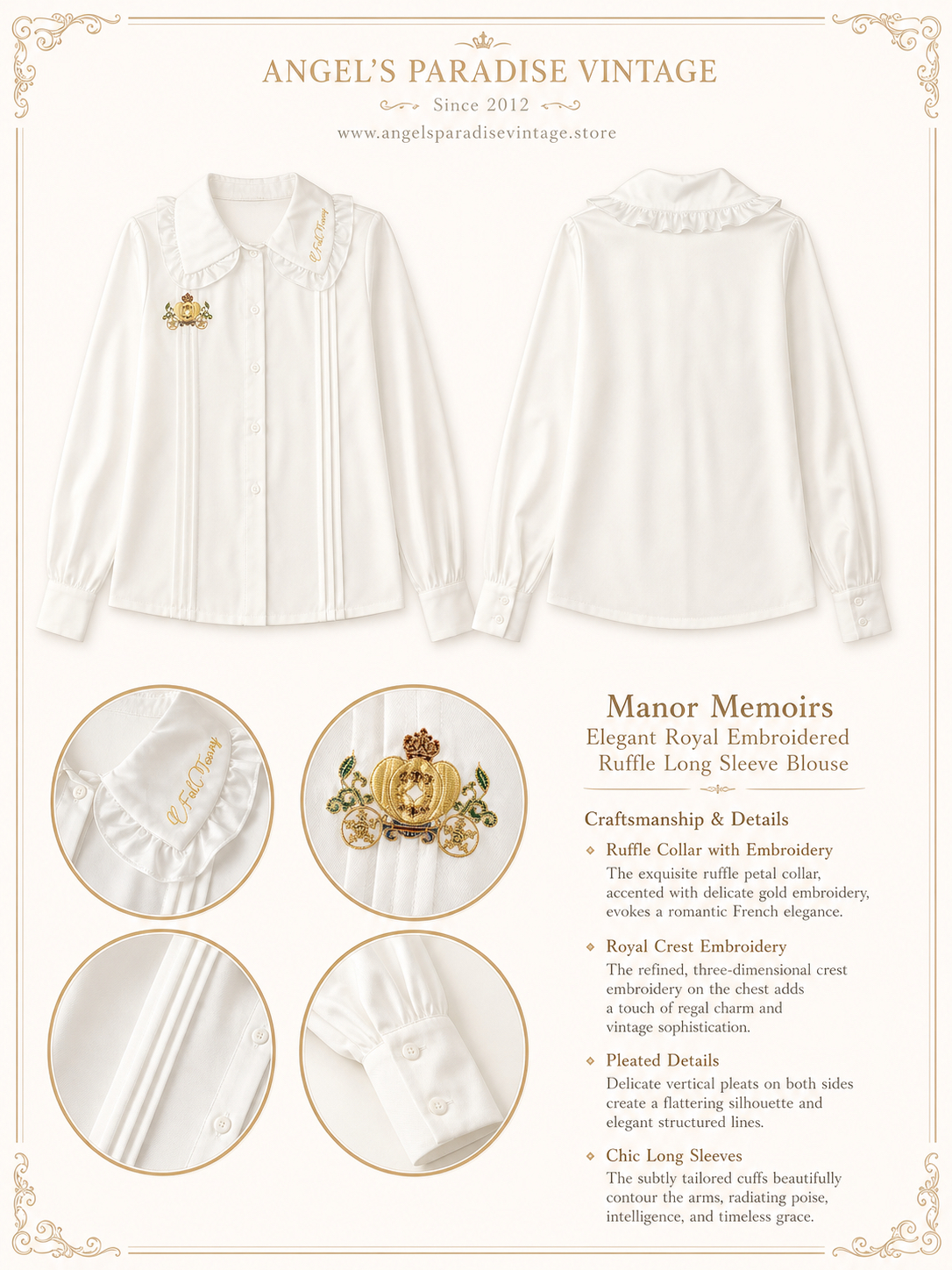 莊園的回憶錄 ∙ 典雅宮廷刺繡荷葉邊長袖襯衫  Manor Memoirs ∙ Elegant Royal Embroidered Ruffle Long Sleeve Blouse