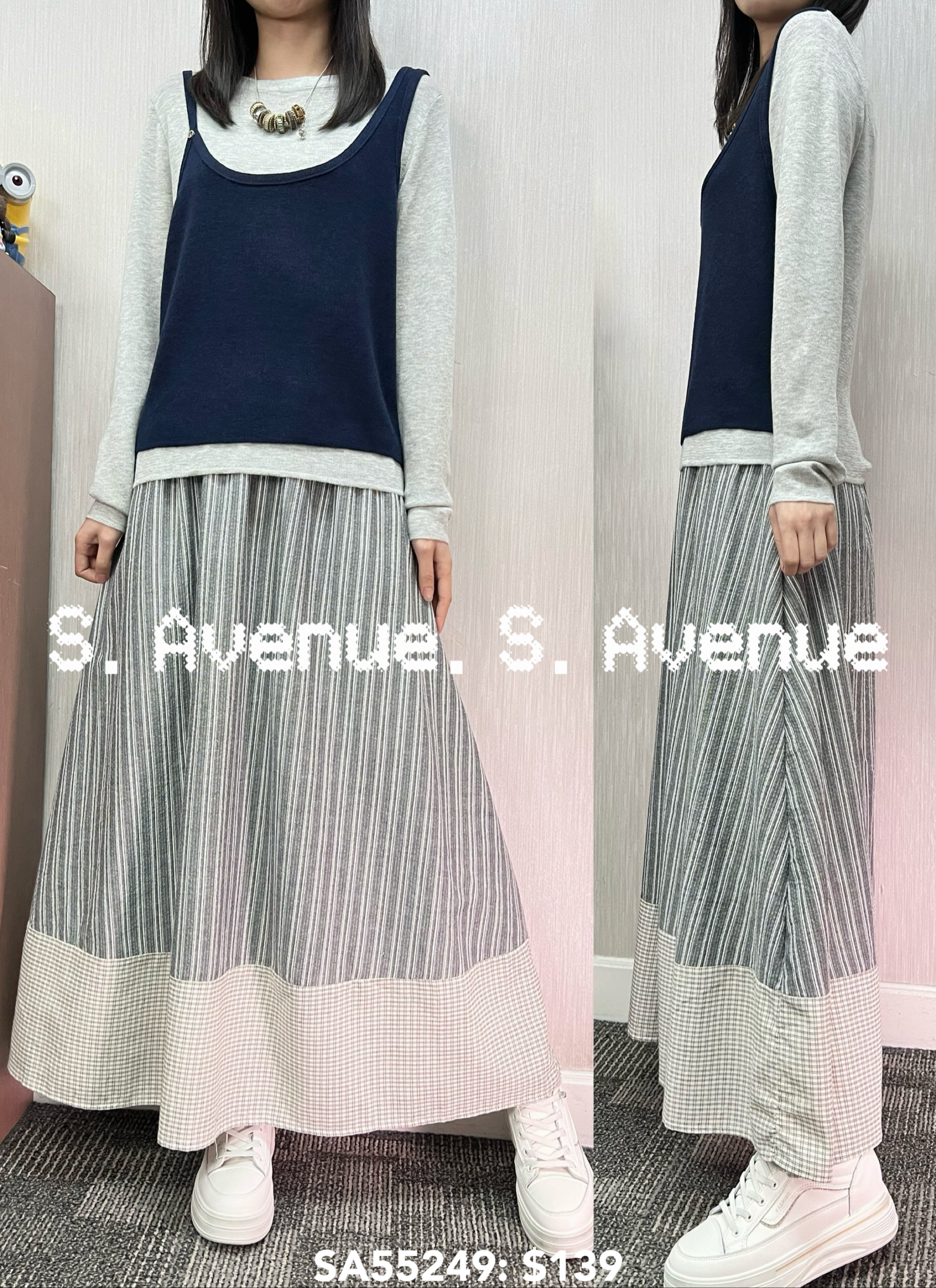 SA55249: 長袖假兩件吊帶背心線top