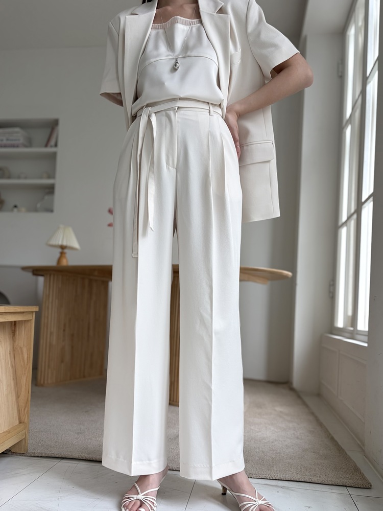 Aveline Belted Straight Slacks (Ivory)