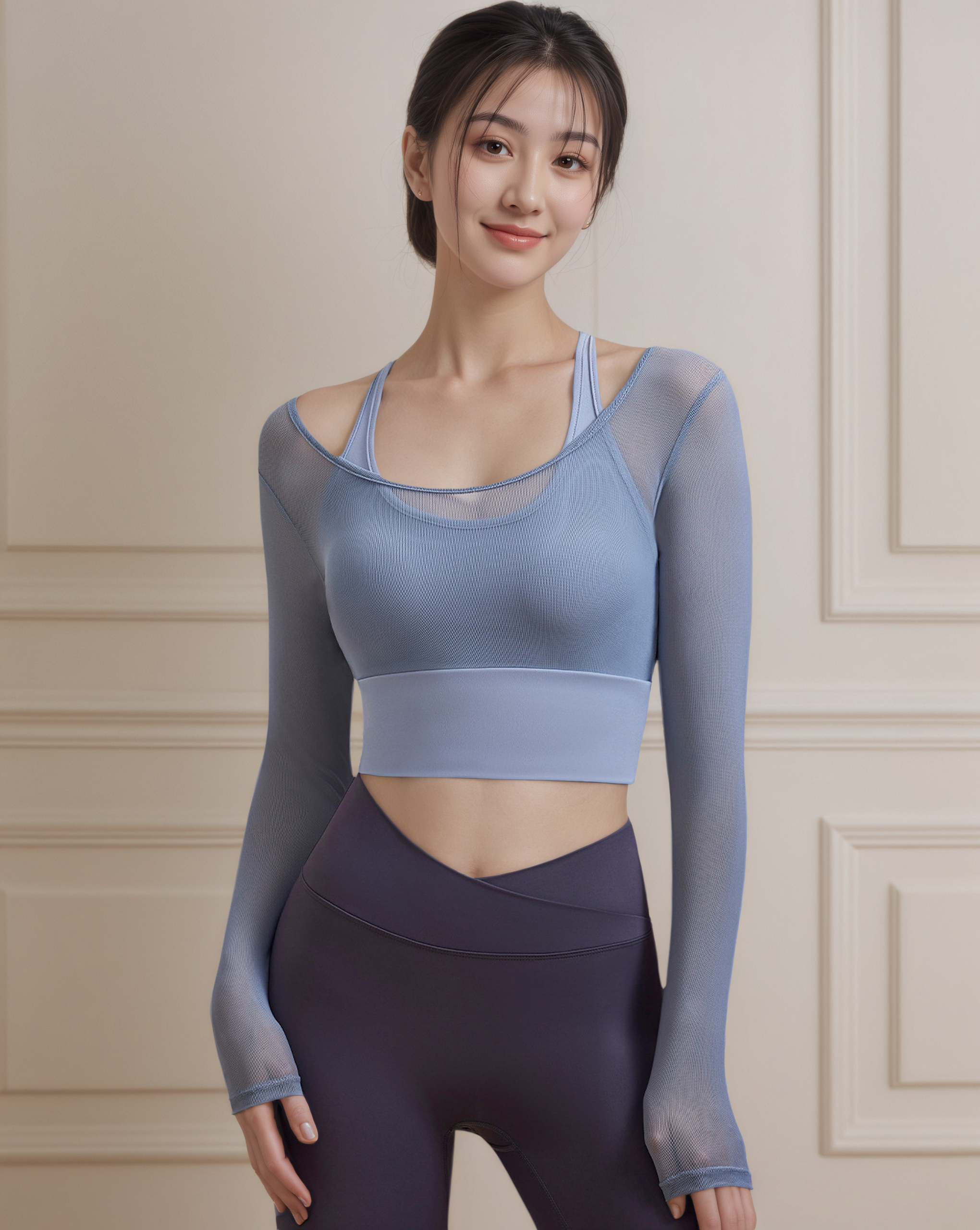 假兩件網紗瑜伽長袖上衣固定杯款