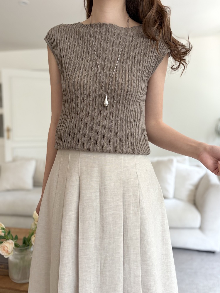 Crochet Boat Neck Knit Top (Brown)