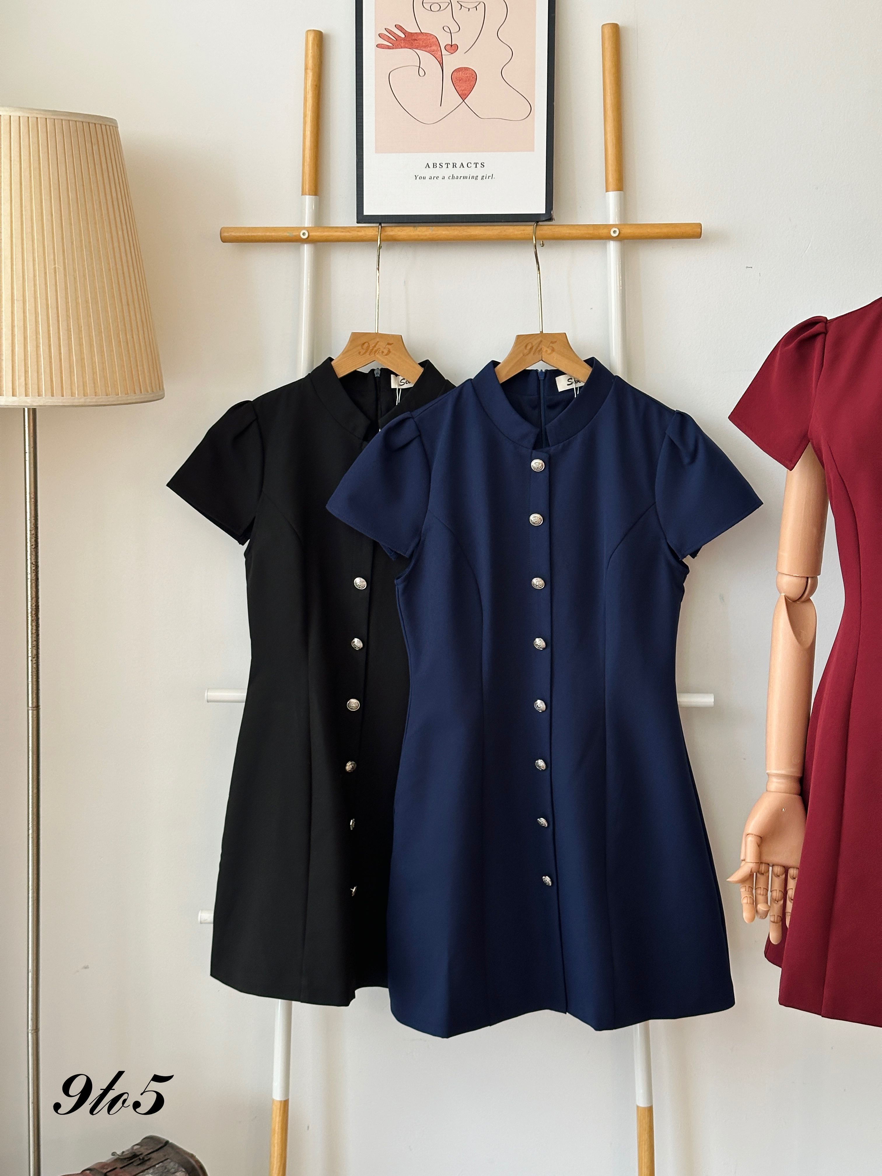 D2313 Puff Sleeve Stand Collar Dress - 3 Colors