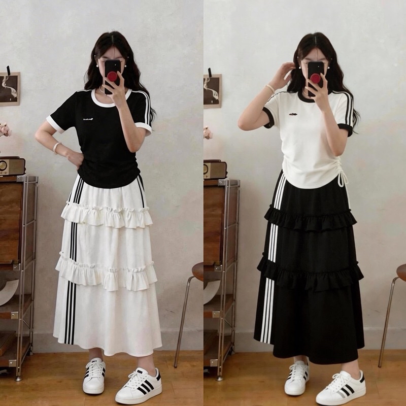 B51(9995裙) 韩系甜美风边条纹层层荷叶拼接蛋糕层黑白长裙