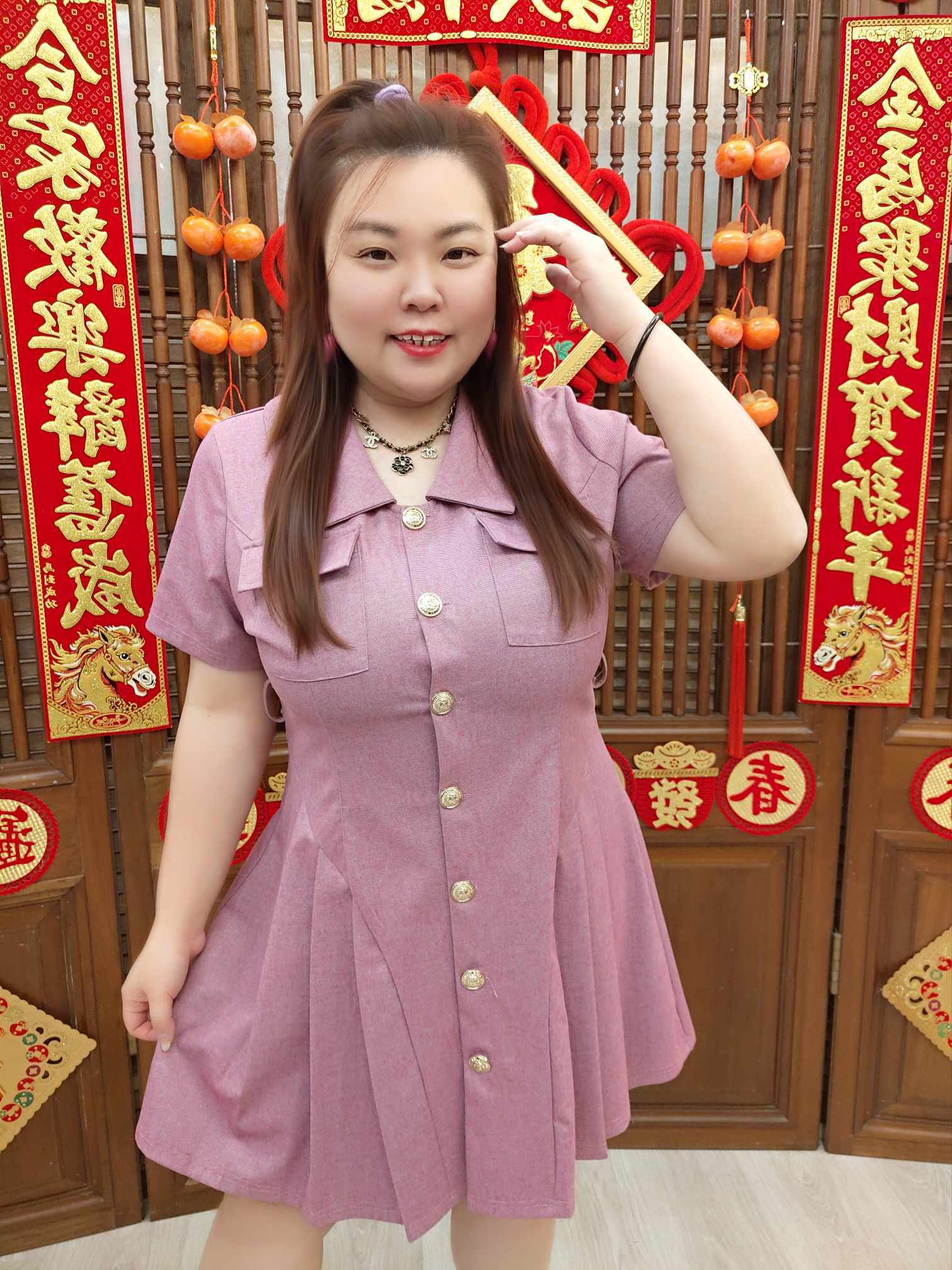 NJE07 TW#5668 翻领拼百褶裙摆连衣裙