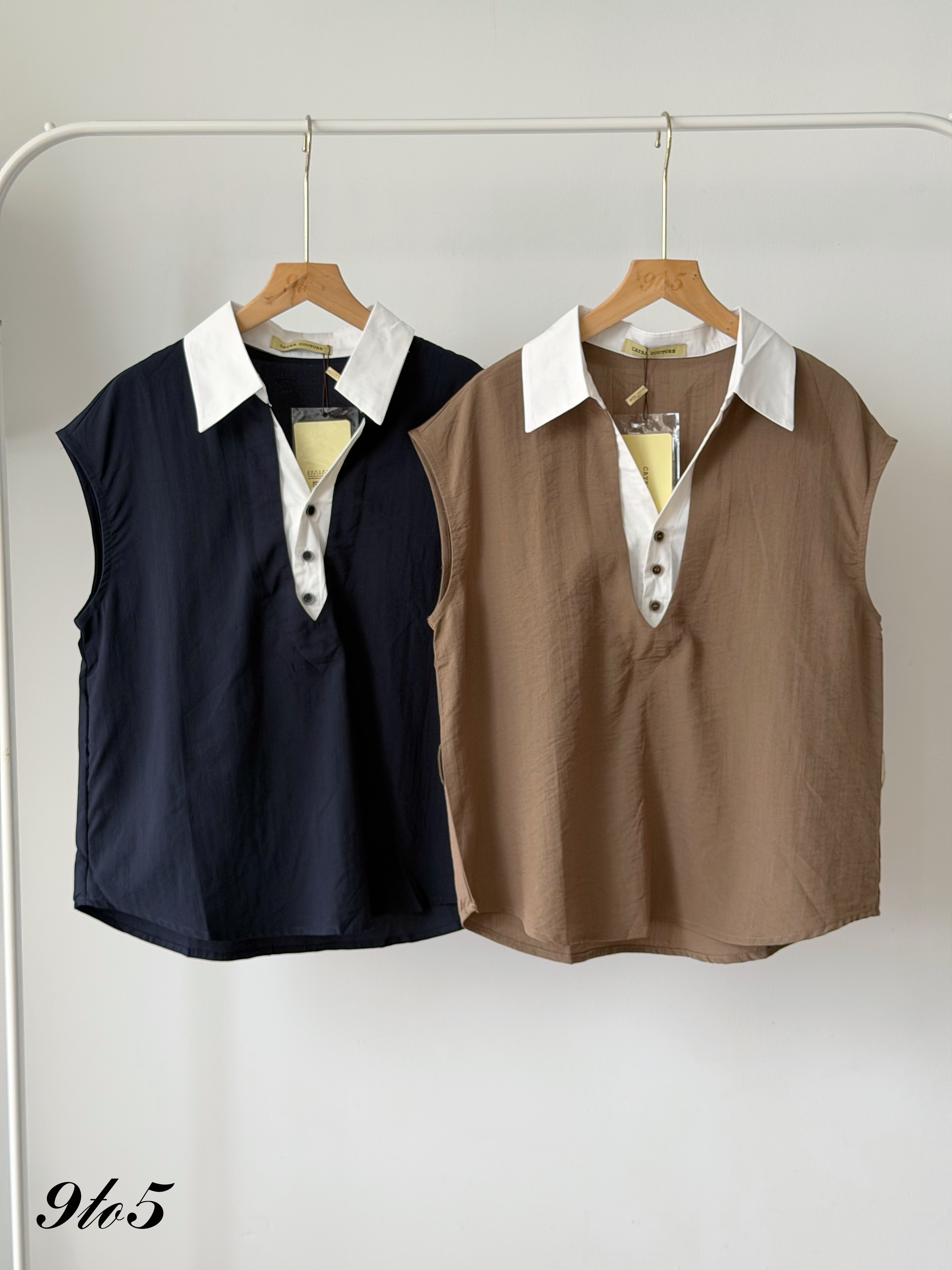 D2381 Fake Two-Pieces Matching Set - Brown & Navy