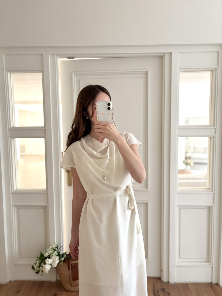 Draped Neck Dress with Inner Slip (Cream)