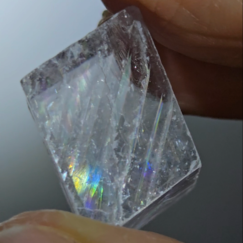 Purple calcite cube with incredible rainbows - PC15
