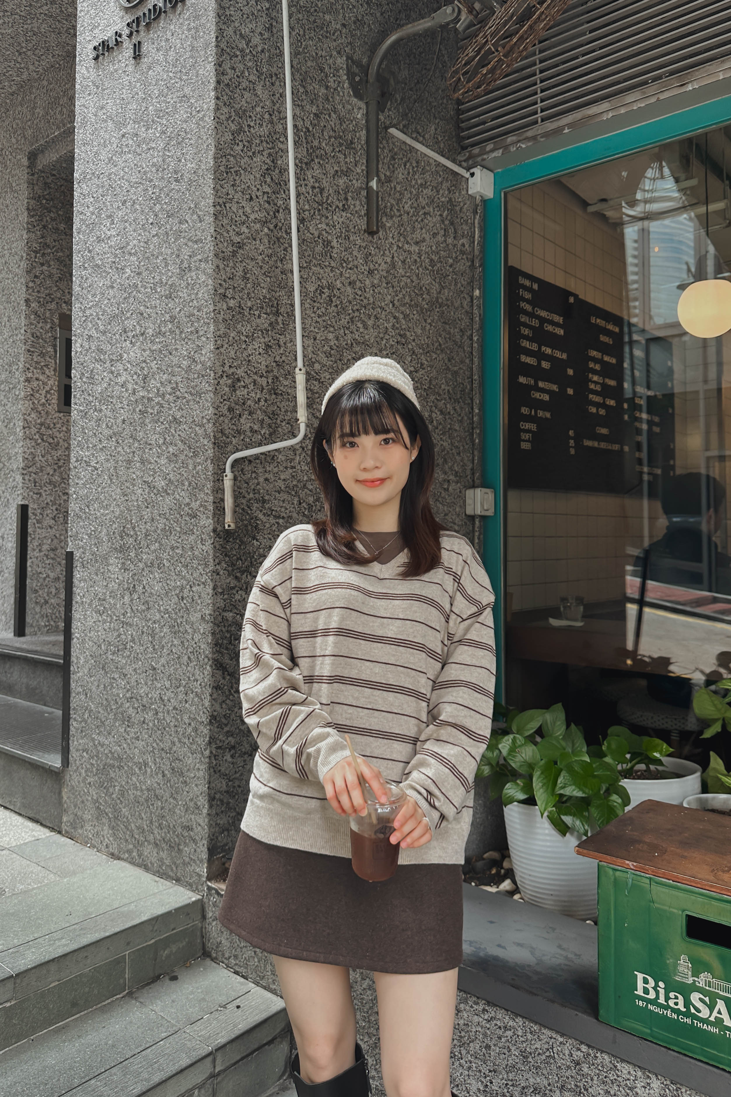 英倫拼色橫間V領冷衫 (兩色入)