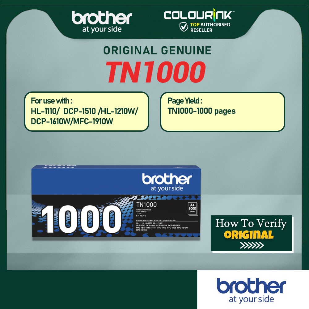 Brother Original Genuine TN-1000 Black Toner for HL-1110 HL-1210W DCP-1510 DCP-1610W MFC-1810W MFC-1910W TN1000