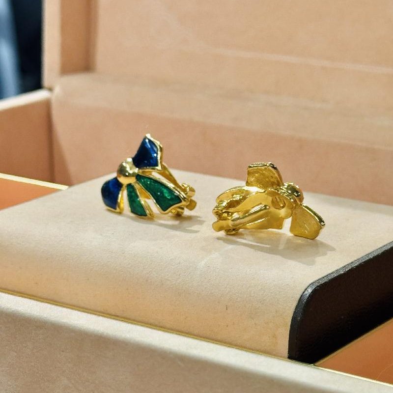 Vintage Enamel Blue and Green Ribbon Bow Clip Earrings from Germany (C042)