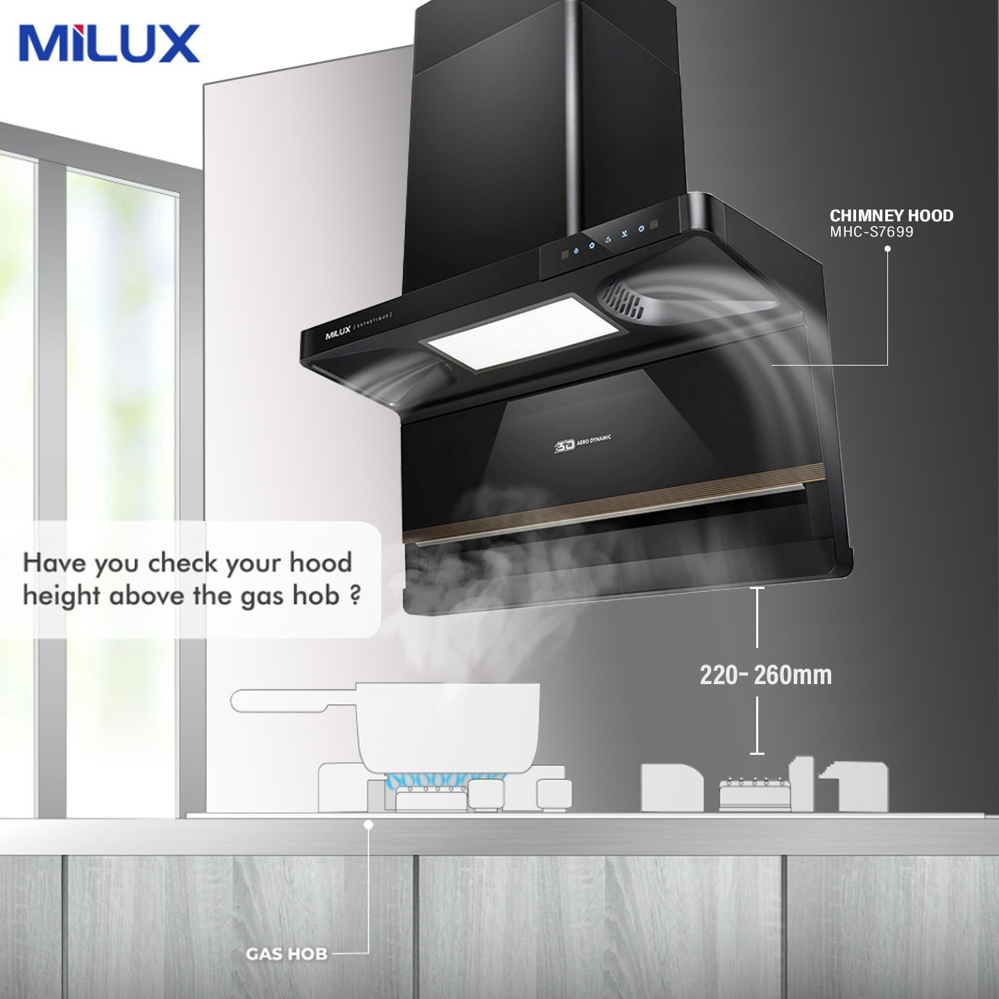 Milux 1500m³/hr Heat Auto Clean Chimney Hood (MHC-S9399)