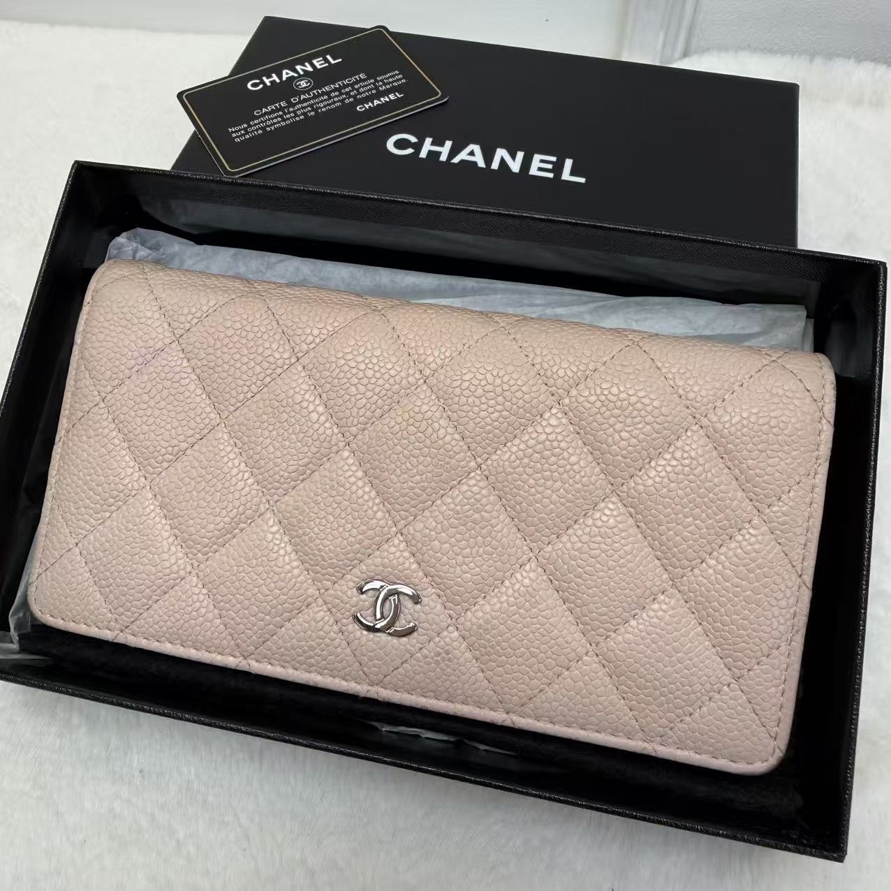 🎀Chanel淡粉系列 牛皮銀扣長銀包🎀