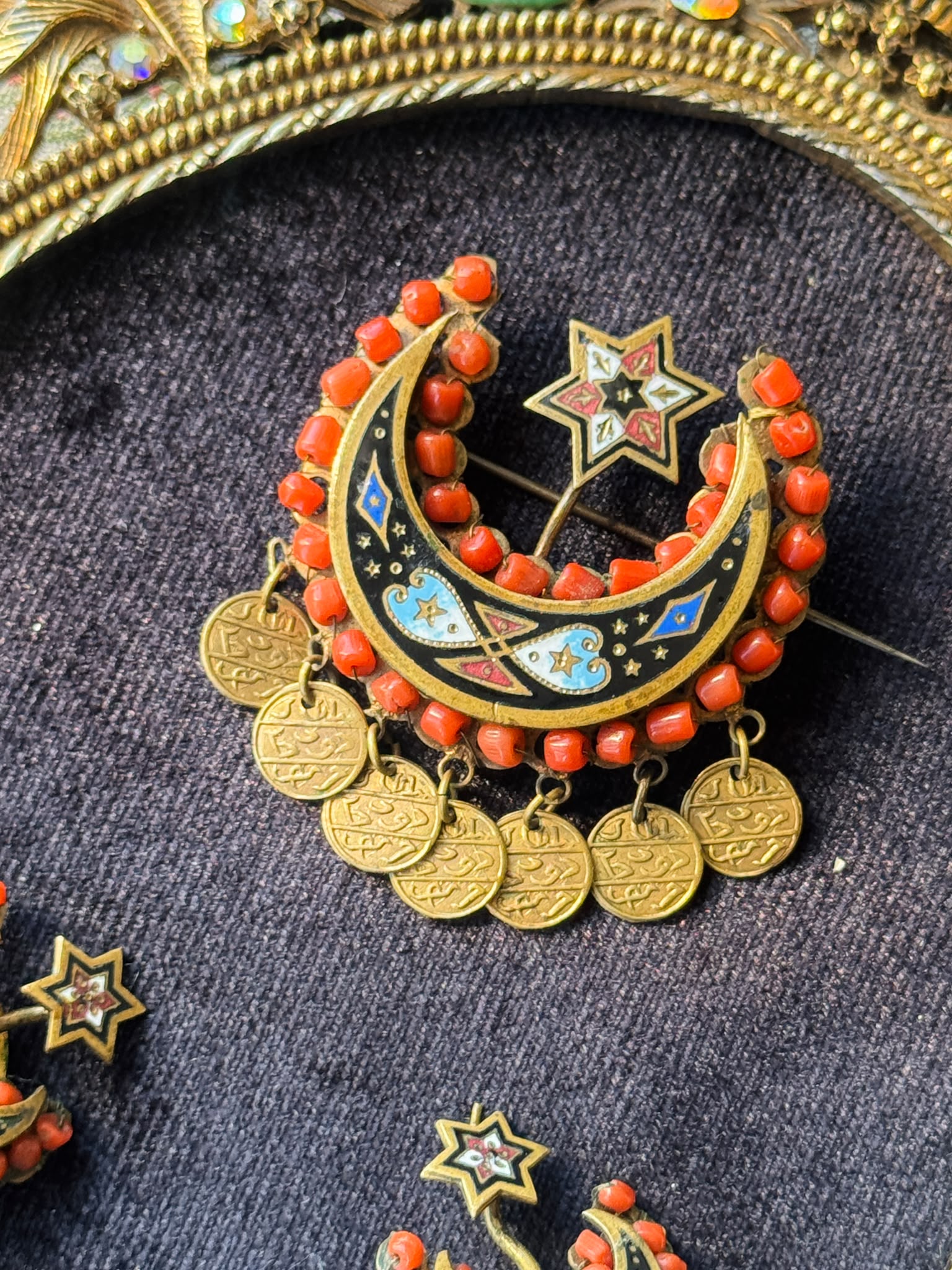C.a. 1830s–1880s Ottoman Coral & Enamel Crescent Moon and Star Brooch and Earrings Demi-Parure (MT2653)