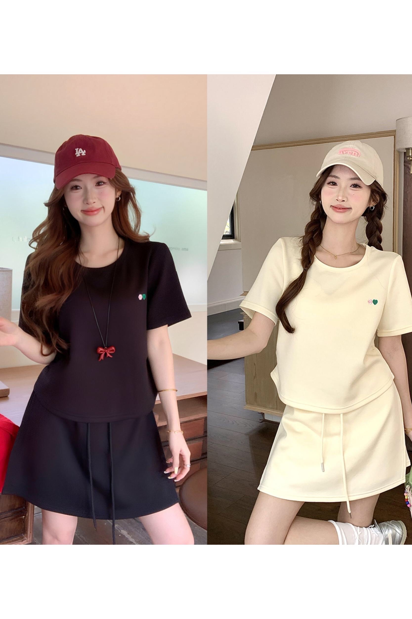 B113(64231) 韩版休闲风小爱心刺绣上衣与双边开角短裙黑黄套装 