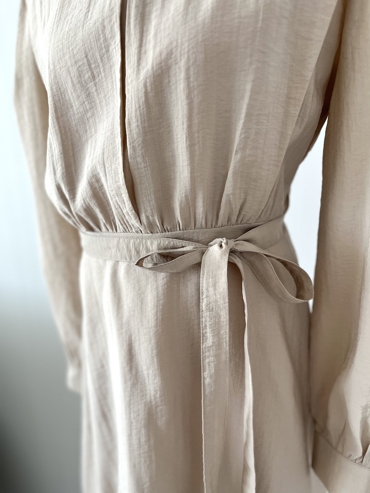 Pleated Yoke Detail Dress (Beige)