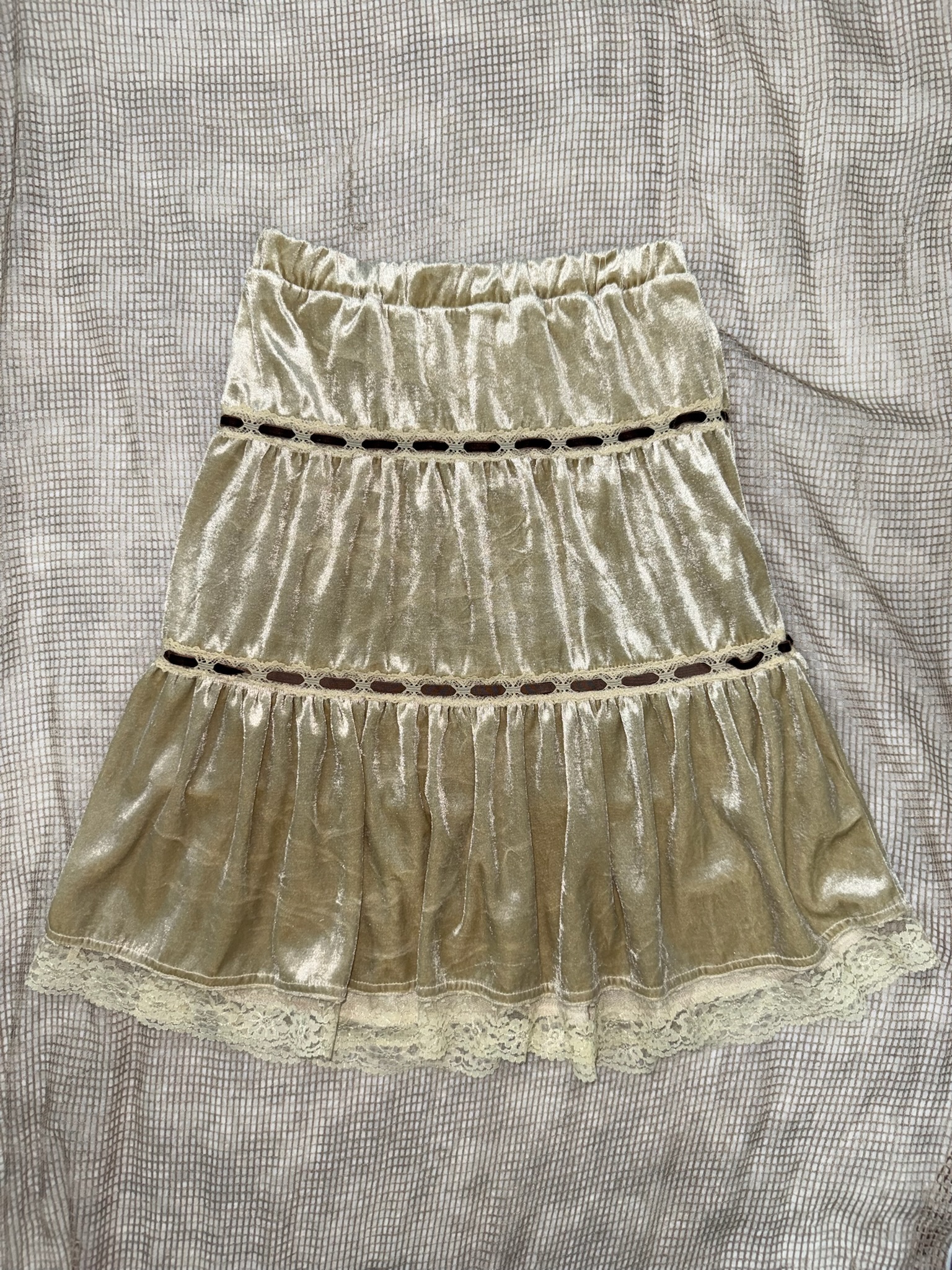 Champagne Crushed Velvet Tiered Skirt with Ribbon Weave and Scalloped Lace Hem