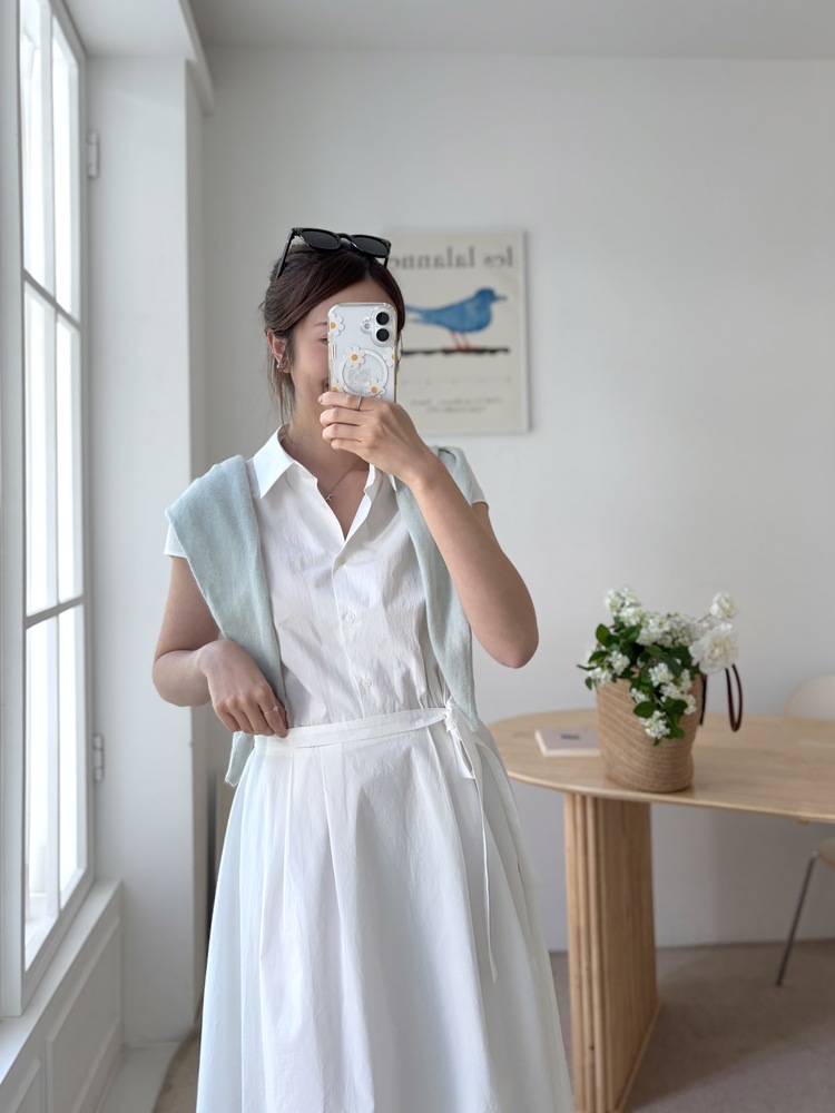 Elasticated Waist Shirt Dress (White)