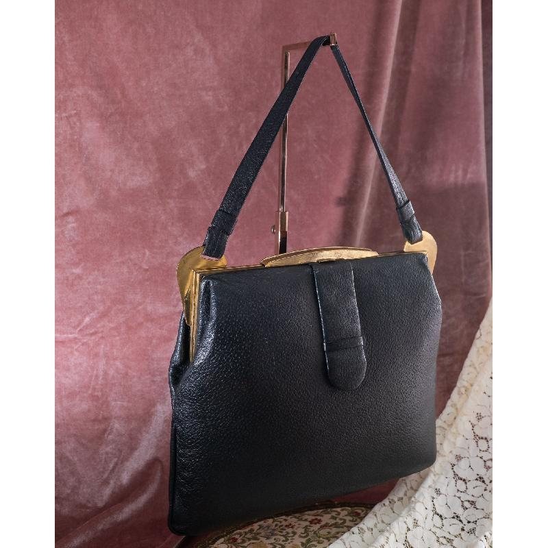 RARE! C.a. 1950s Horn Shaped Hardware Black Faux leather Large Handbag with Dotty Fabric Lining from Germany(NA0636)