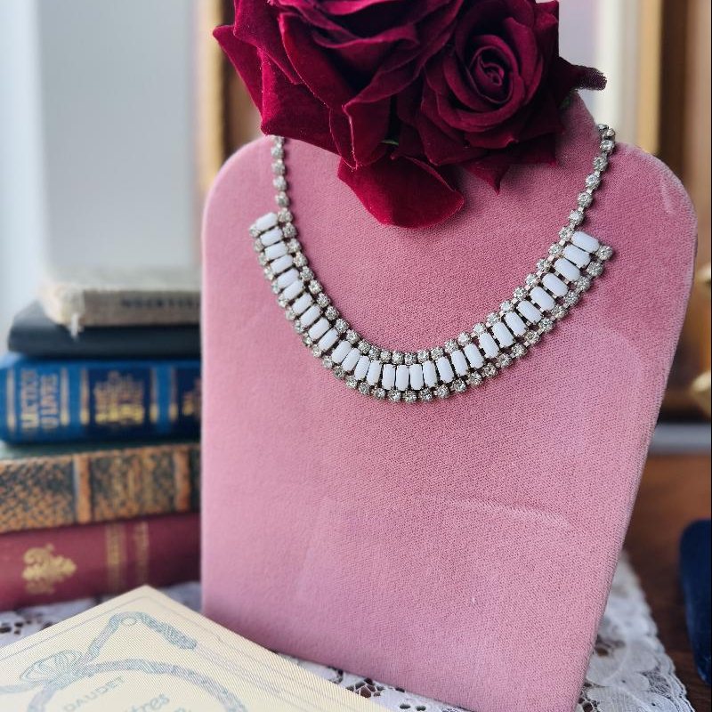 Vintage 1950s Sparkling Rhinestone Milk Glass J Clasp Day & Night Necklace - Adjustable Length (MT2140)