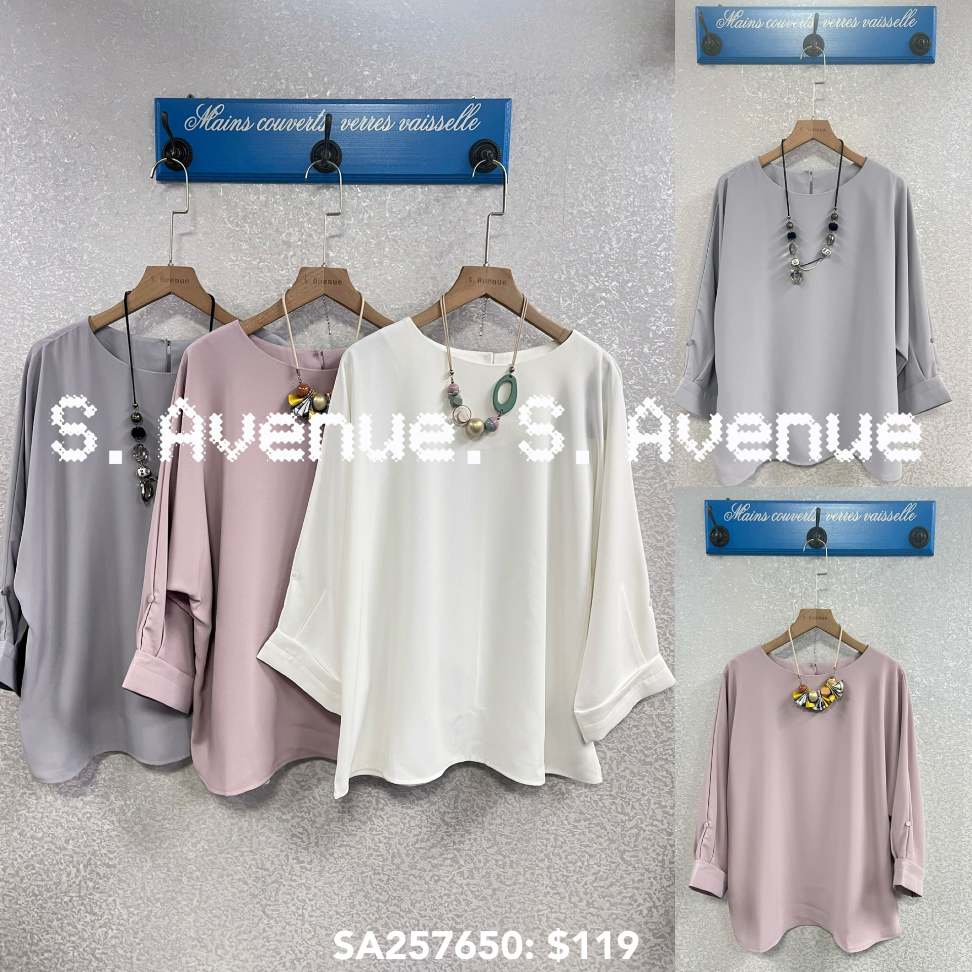 SA257650: 中袖淨色雪紡top