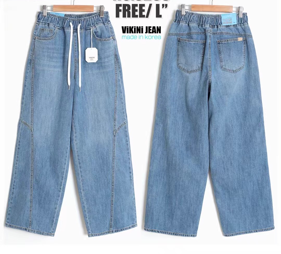 全橡筋腰側拼接牛仔褲