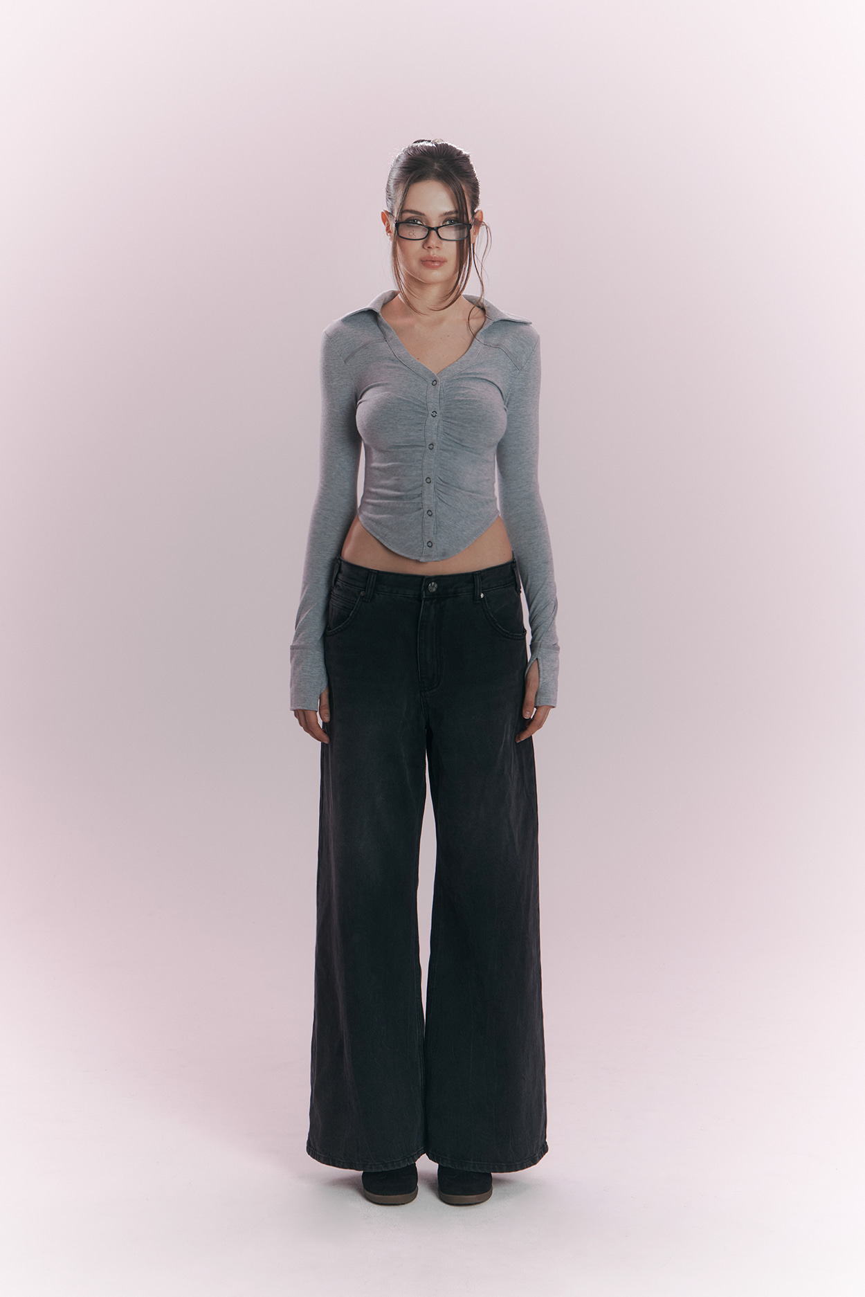 pleaseNOFOLLOW - Mamie Snap Button Slim Shirts (Melange Grey)