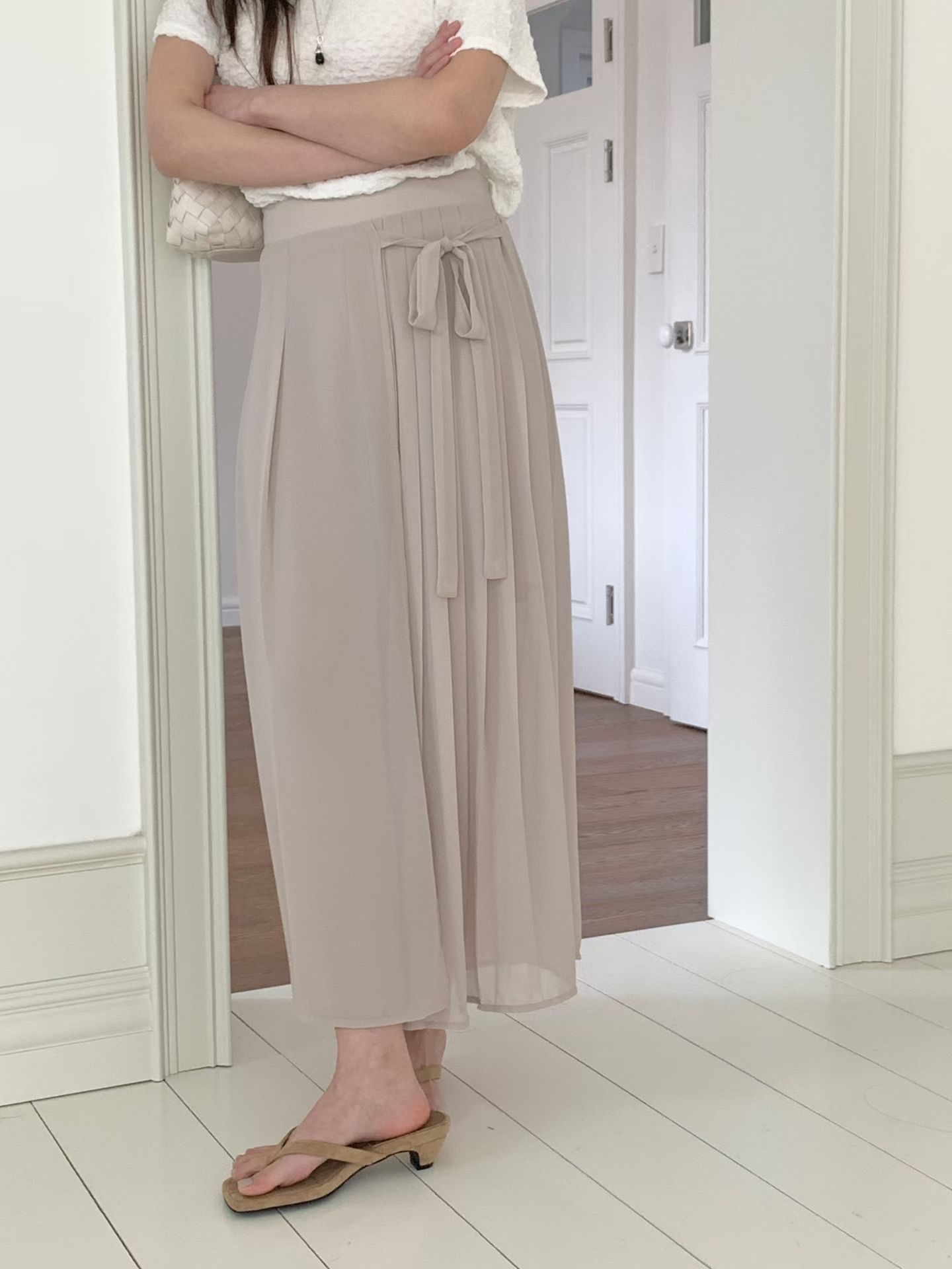 CT23 飄逸雪紡壓褶繫帶高腰寬裙褲