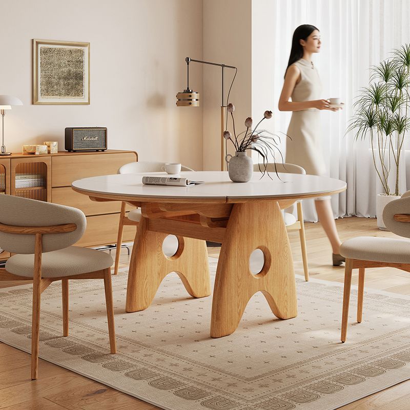 原木奶油風可伸縮摺疊岩板餐檯 家用細單位 方圓兩用飯檯 dining table