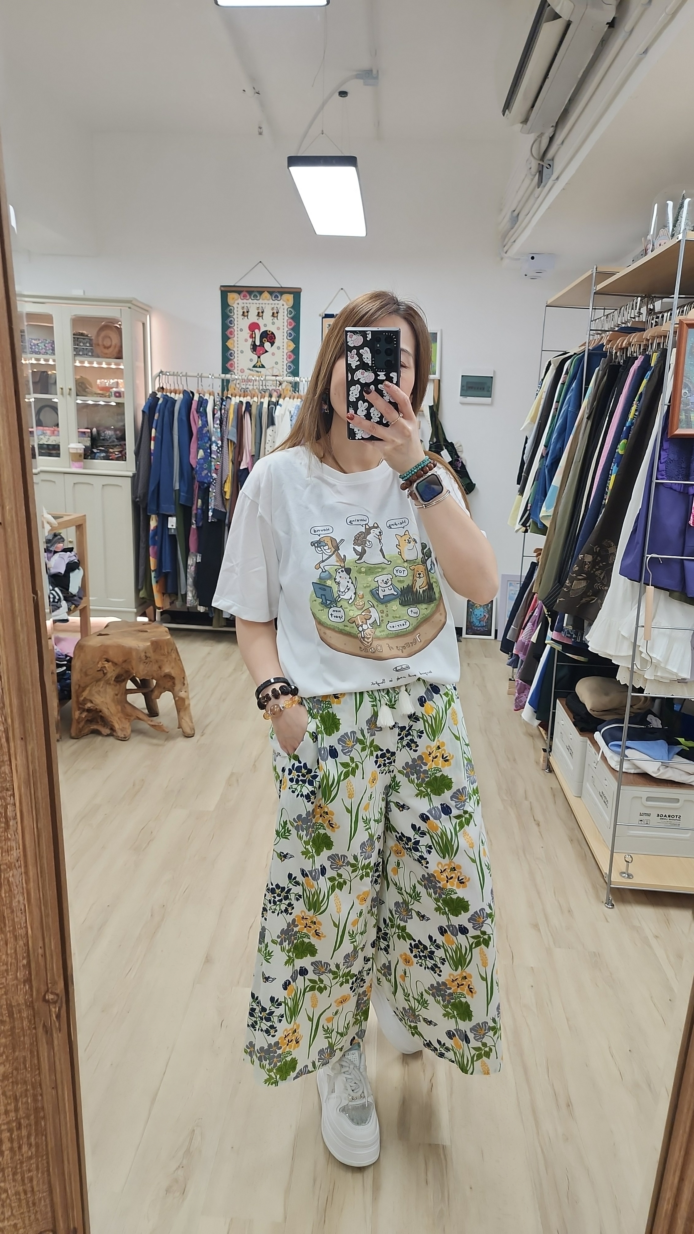 日牌粉綠花花圖案棉麻橡筋褲