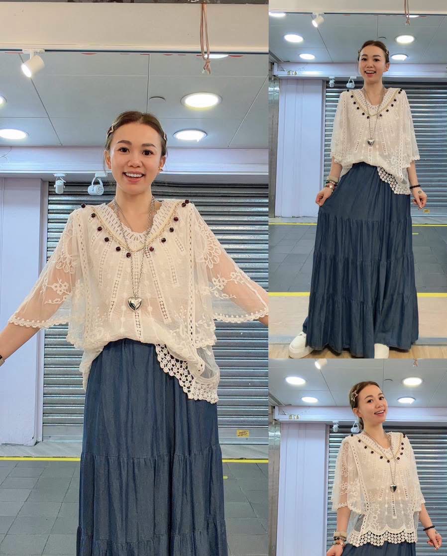 D12-V領刺繡lace皺布蝙蝠袖top