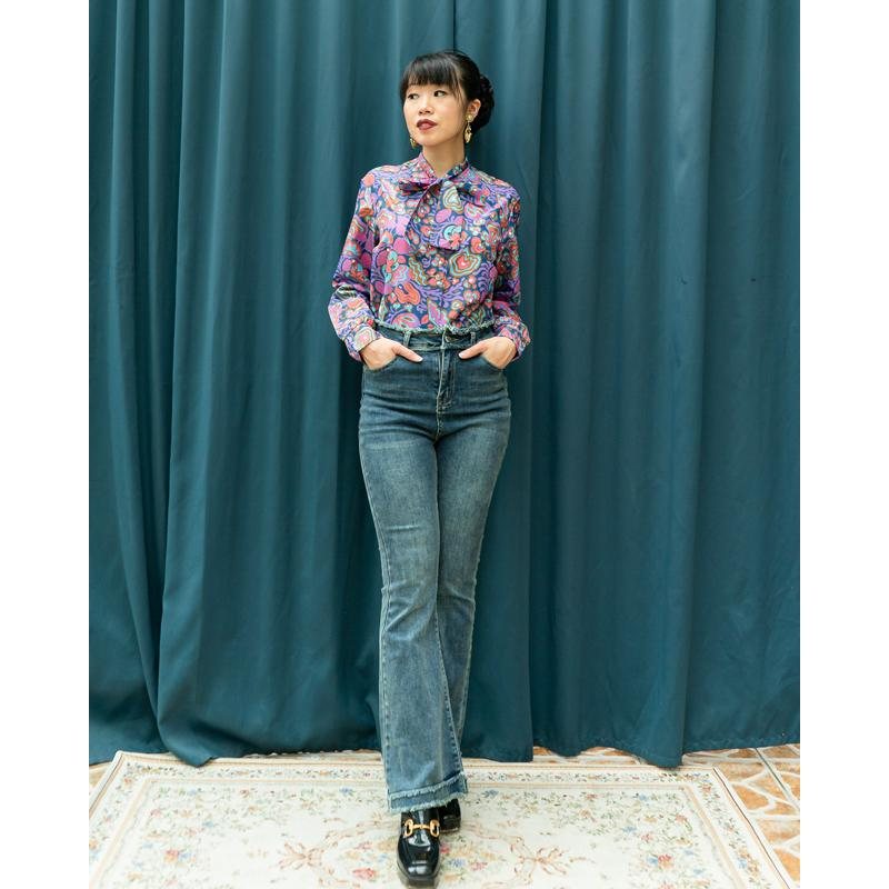 Vintage 1970s Hippies Psychedelic Pattern Tie Collar Blouse/Shirt (MT1605)